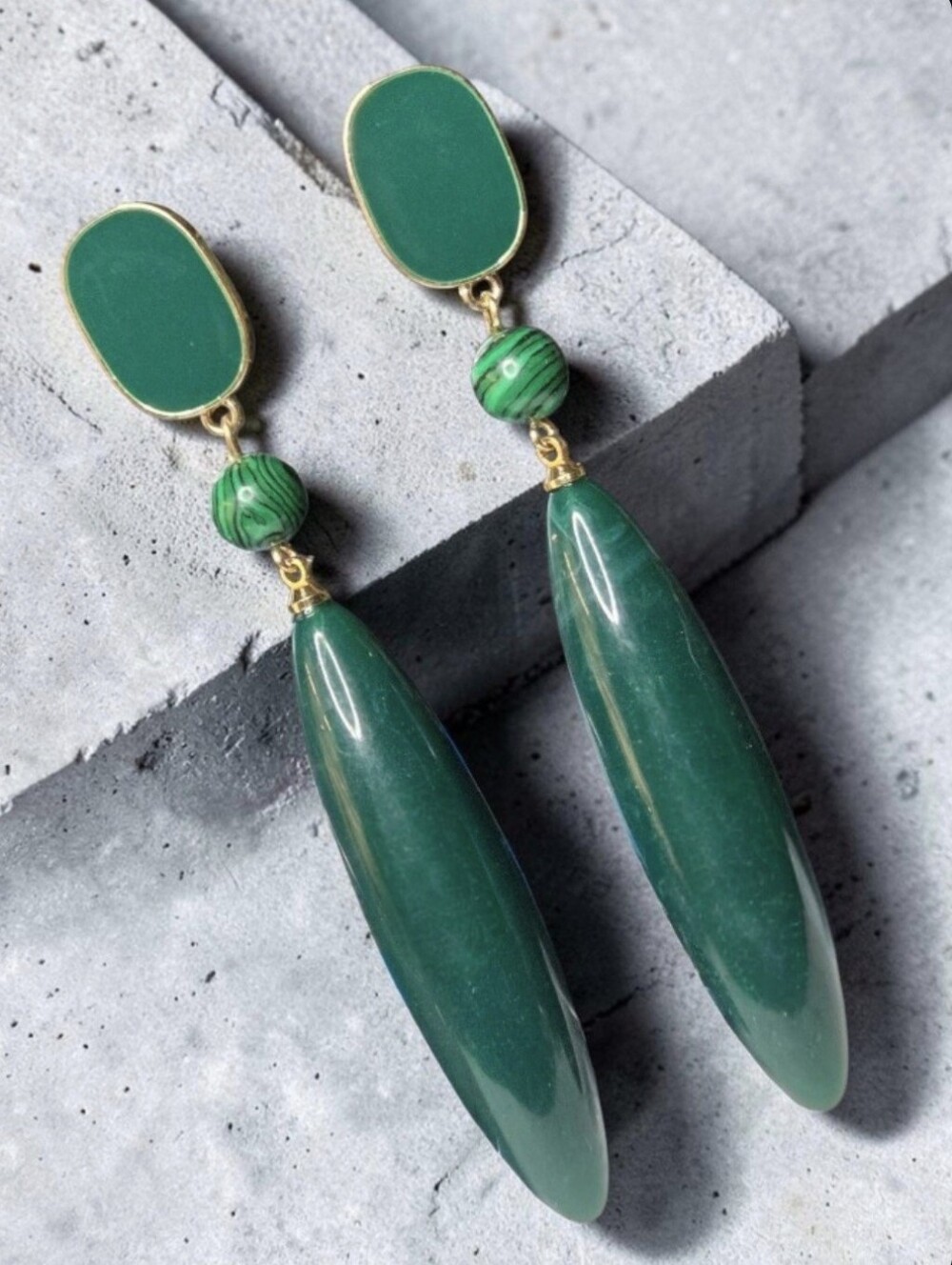 Gold Plated Oversized Long Malachite & Lucite Drop Dangle Earrings - Picture 2 of 5